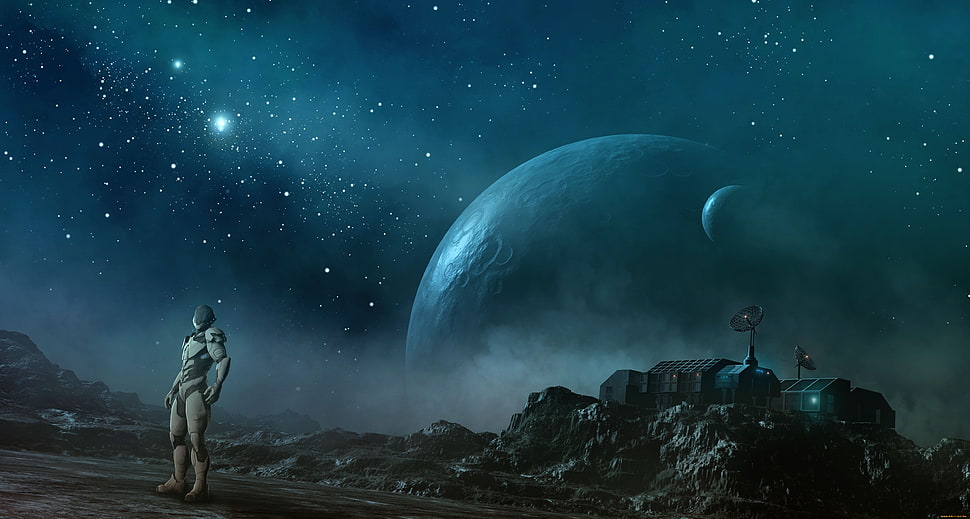 robot near satellite wallpaper, digital art, fantasy art, planet, futuristic HD wallpaper