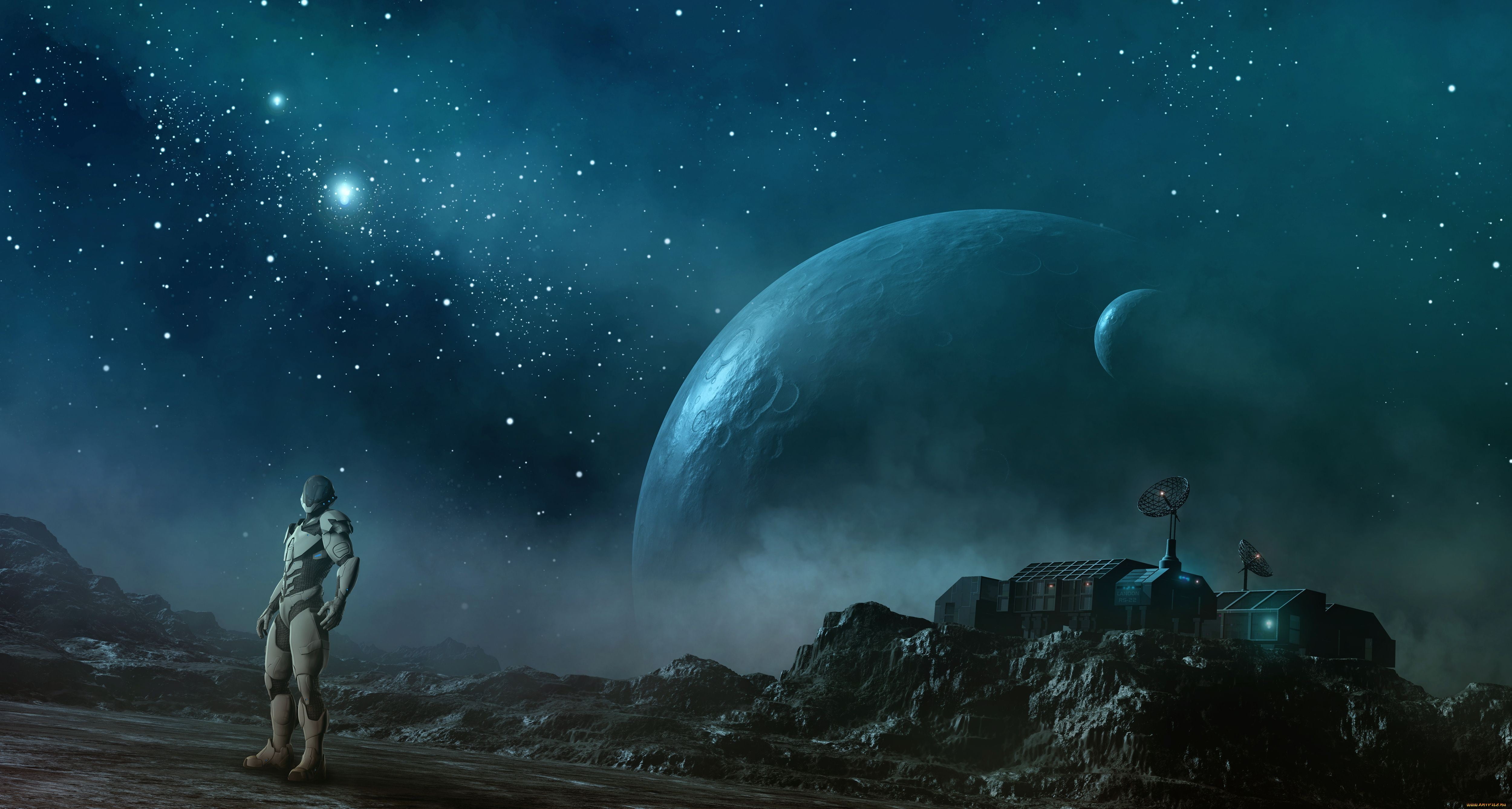 robot near satellite wallpaper, digital art, fantasy art, planet, futuristic