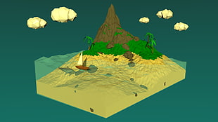 mountain with body of water and boat wallpaper, low poly, island, minimalism, 3D