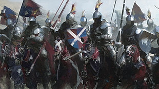 cavaliers on horses painting, knight, Cavalry, lance, armor