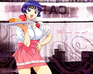 blue haired female anime character holding food with tray