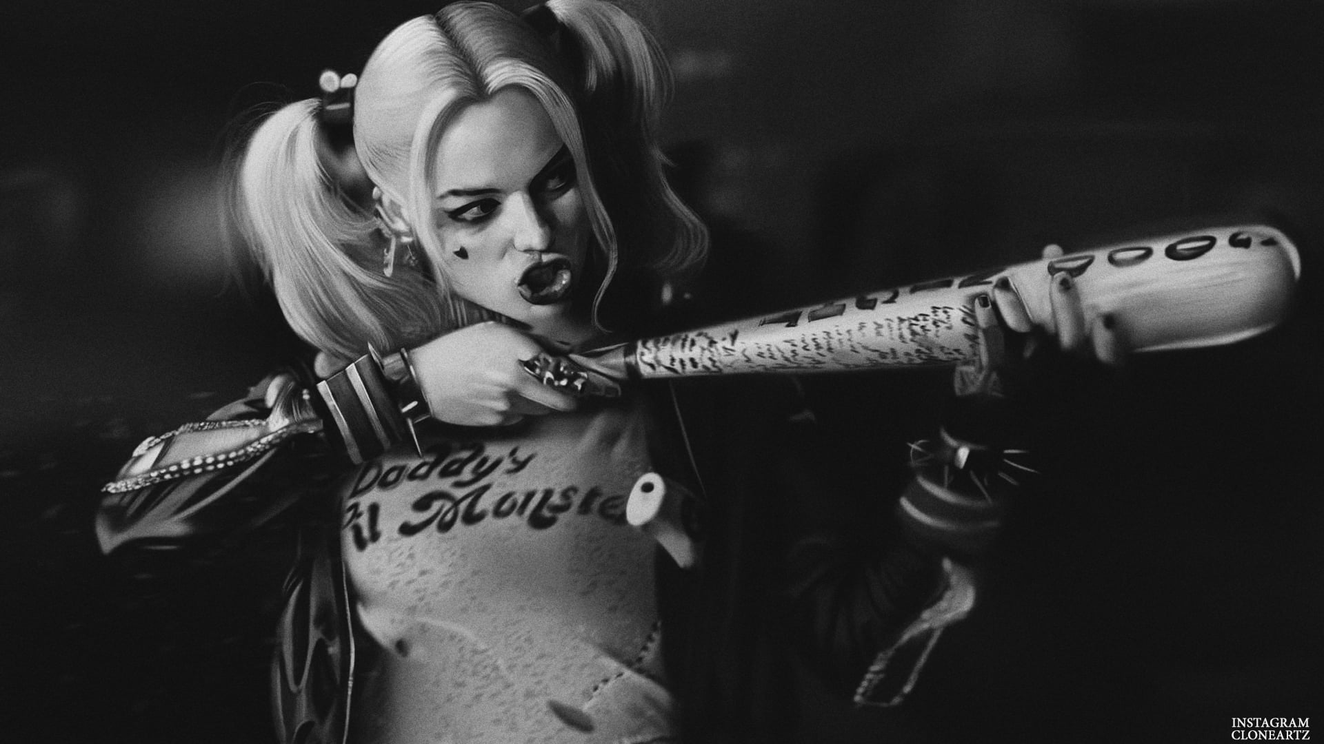 Harley Quinn poster, Suicide Squad, Harley Quinn, Margot Robbie, monochrome...