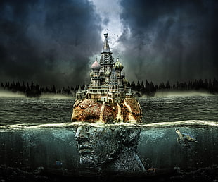 castle on top of man statue submerge into water double perspective painting HD wallpaper