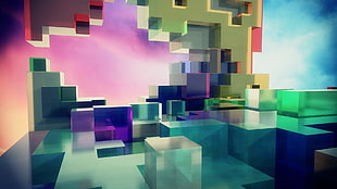 blue and pink wooden desk, abstract, voxels, cube HD wallpaper