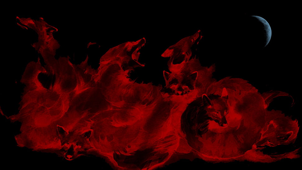 red fire illustration, fire, fox, fantasy art, Moon HD wallpaper
