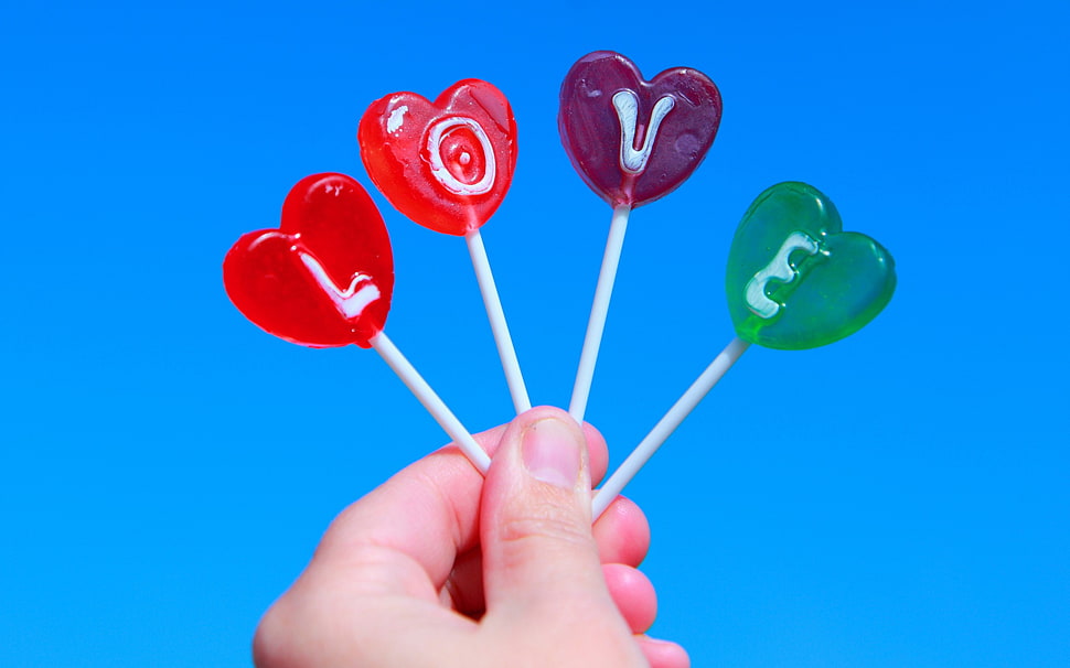 four assorted-color lollipops, love, candies HD wallpaper