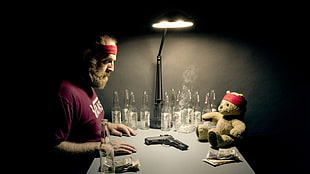 brown bear plush toy, digital art, humor, men, teddy bears HD wallpaper