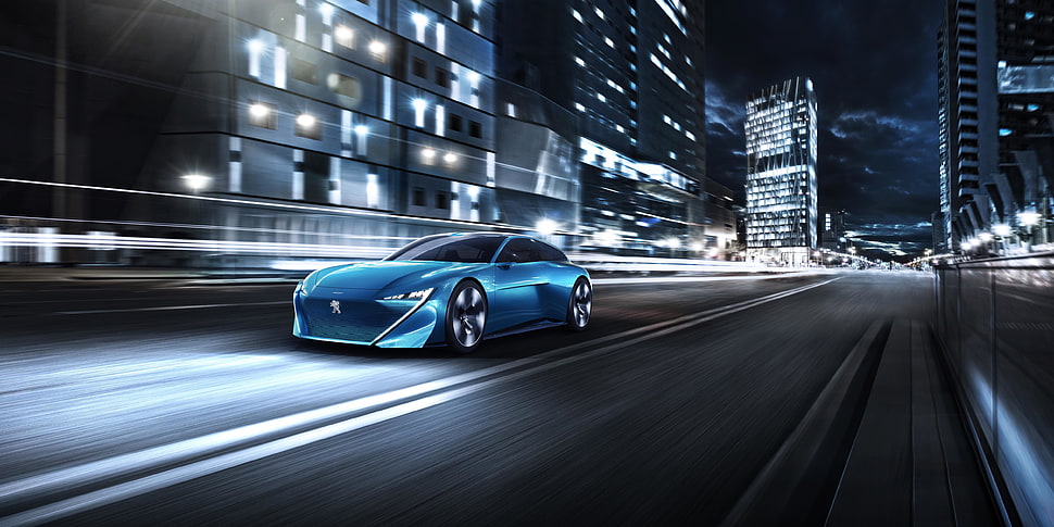 blue Peugeot car on black top road during night time HD wallpaper