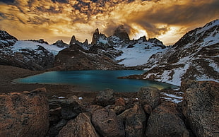 snow-covered mountain range with lake digital wallpaper, mountains, lake, sunset, nature HD wallpaper