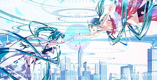 two blue haired female anime characters wallpaper, Hatsune Miku, Vocaloid