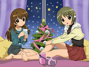 two girls anime character digital wallpaper