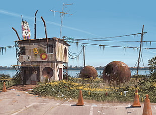 three orange traffic cones, Simon Stålenhag, artwork HD wallpaper