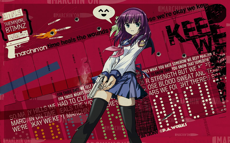 purple haired female anime character with school uniform holding gun HD wallpaper