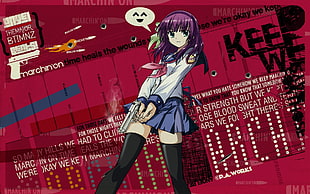 purple haired female anime character with school uniform holding gun