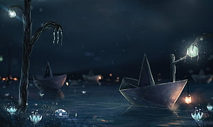 paper boat illustration, Sylar, paper boats, lantern, fishing rod