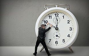 white alarm clock, clocks, suits, men, time