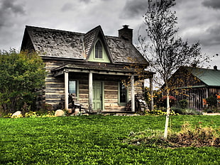 gray and brown wooden house near green grass during cloudy sky
