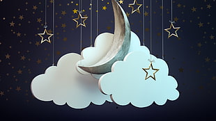 silver crescent and white clouds hanging decor, digital art, nature, Moon, stars