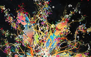 yellow, black, blue, pink, and white multicolored splatter painting