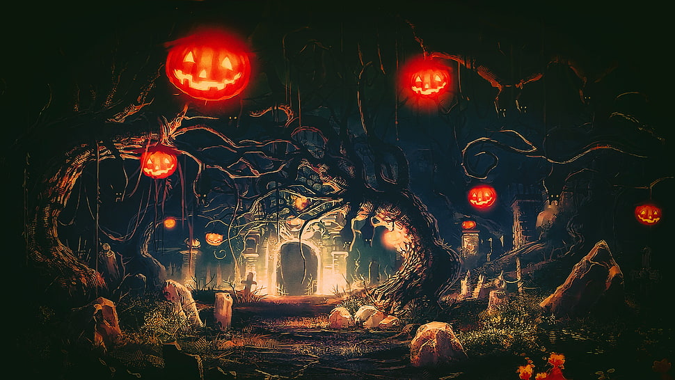 trees with pumpkin decors illustration, Halloween, Terror, night, fantasy art HD wallpaper