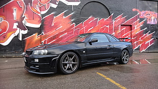 black coupe, Nissan, skyline, Nissan Skyline GT-R R34, Black Pearl HD wallpaper