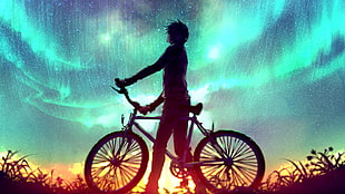 person holding bicycle during aurora illustration, bicycle, aurorae HD wallpaper