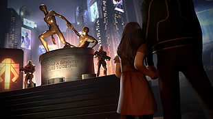 girl character holding hand near statue