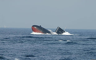 red and black submarine, submarine, sea, vehicle, military
