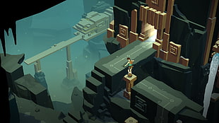 white and blue wooden table, Lara Croft GO