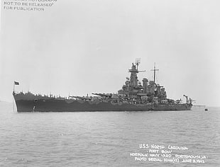U.S.S. North Carolina Port Bow ship photo, navy, World War II, monochrome, vintage