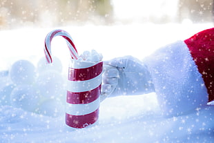 person in santa costume holding ceramic mug with candy cane during snow daytime HD wallpaper