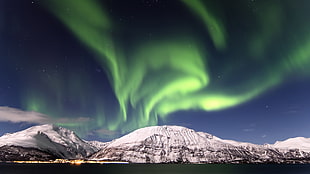 snowy mountan, aurora  borealis, landscape, nature HD wallpaper