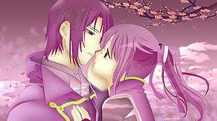 anime character woman and man attempting to kiss landscape photo