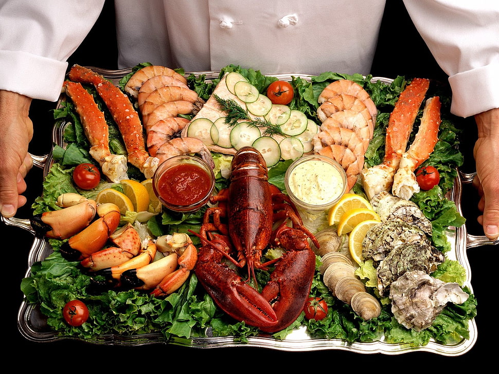 assorted seafood on rectangular silver platter HD wallpaper