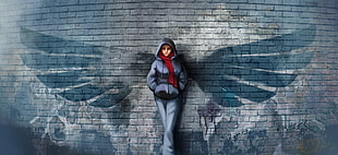illustration of a person leaning on wall with wings graffiti, artwork, graffiti, wings