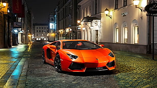 orange Lamborghini Aventador coupe, Lamborghini, Lamborghini Aventador, street HD wallpaper
