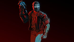 comic book character illustration, digital art, gun, mask, cyborg