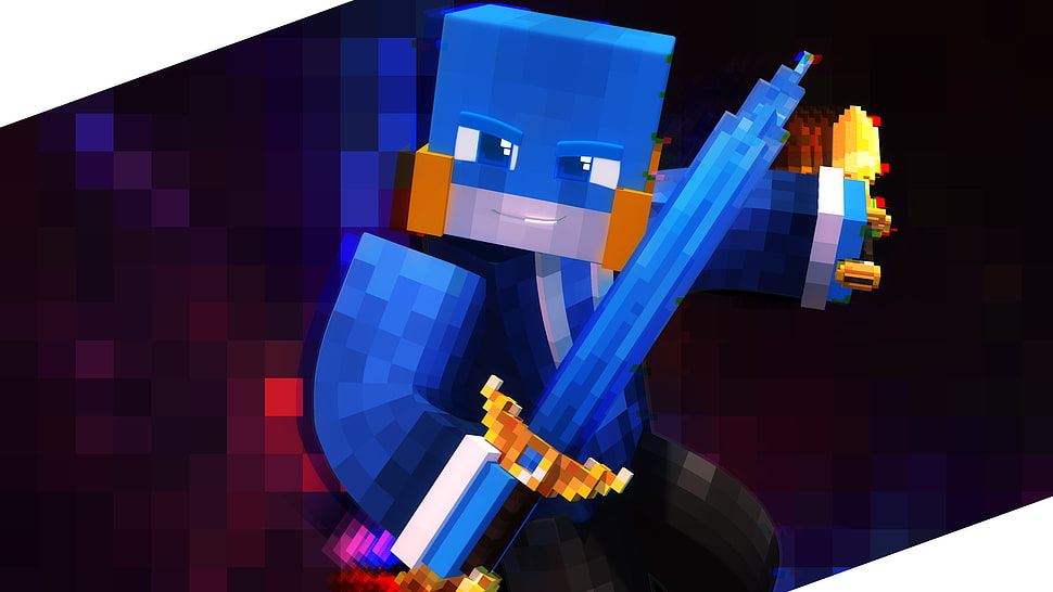 blue mini robot illustration, Minecraft, blue, sword HD wallpaper