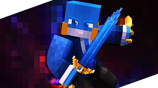 blue mini robot illustration, Minecraft, blue, sword