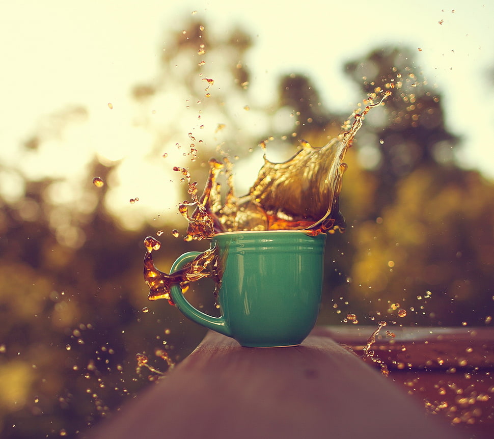 green ceramic mug, mugs, splashes HD wallpaper