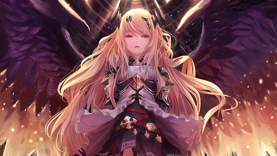 blonde haired female anime character, Shingeki no Bahamut, Dark Angel Olivia, horns, wings HD wallpaper