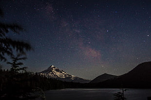 white and black mountainm, mountains, night, starry night, landscape