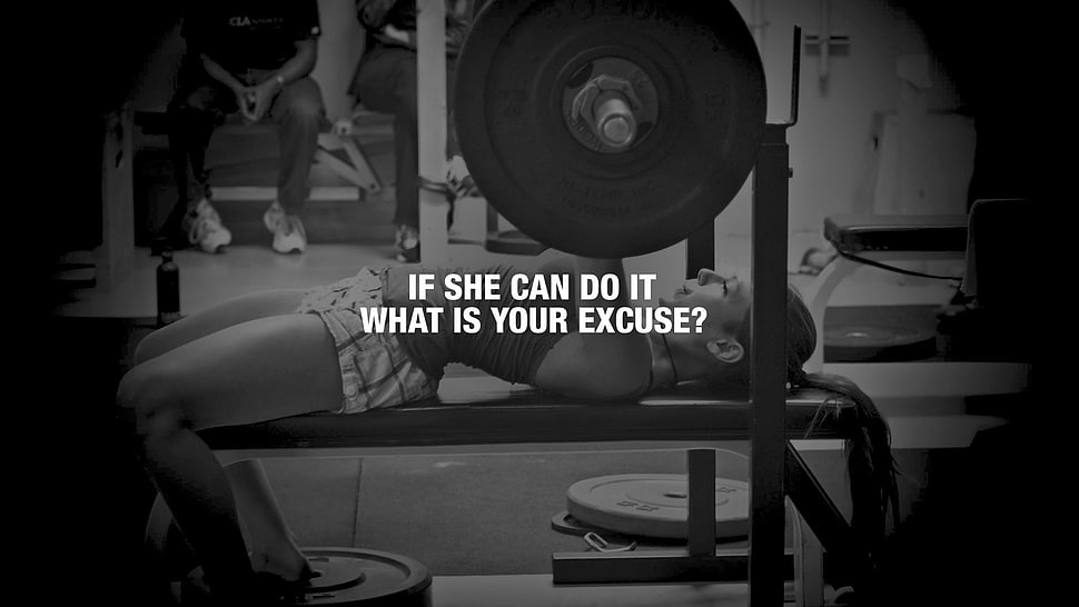 black bench press with if she can do it what is your excuse? text overlay, quote, motivational, weightlifting HD wallpaper