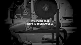 black bench press with if she can do it what is your excuse? text overlay, quote, motivational, weightlifting