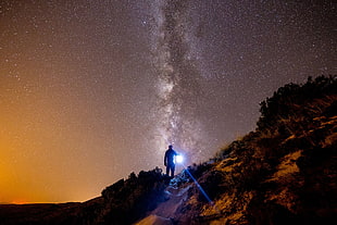 brown mountain, Starry sky, Mountains, Man