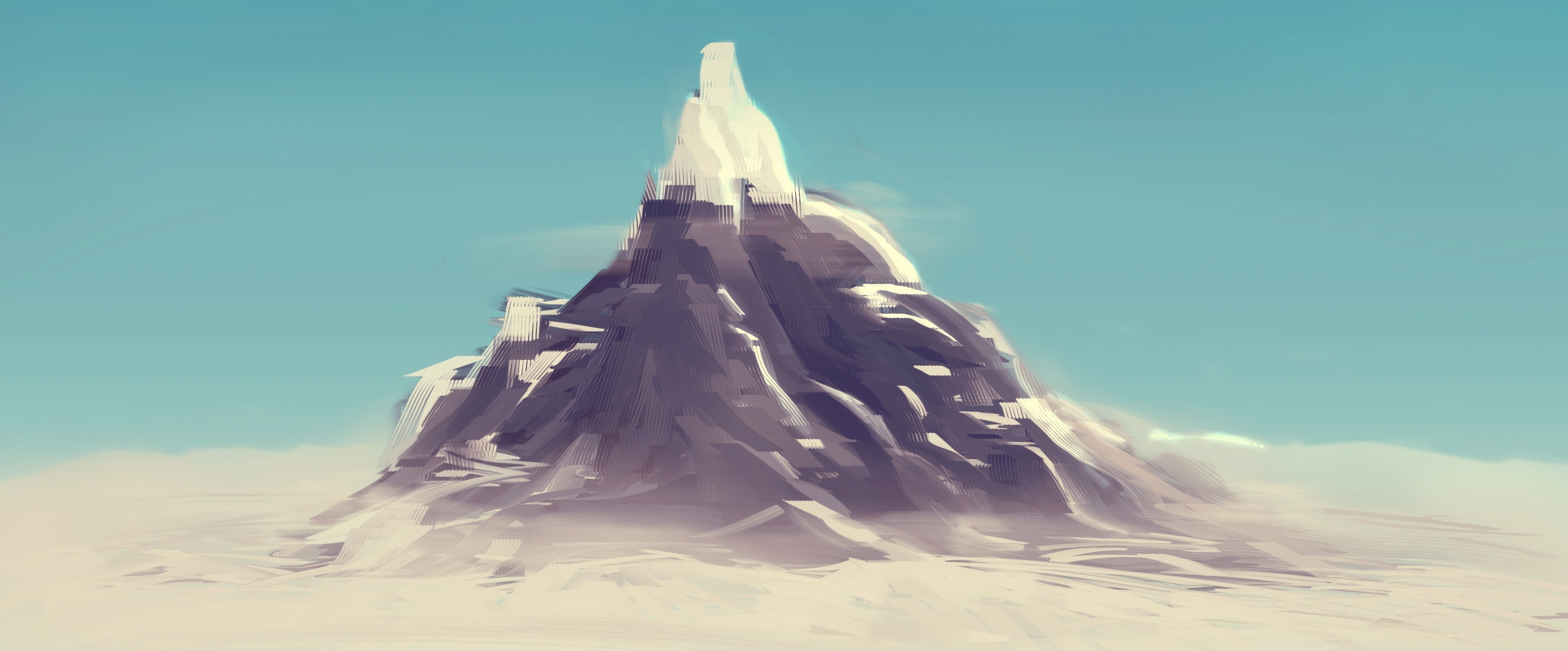 gray and white mountain illustration, digital art, mountains