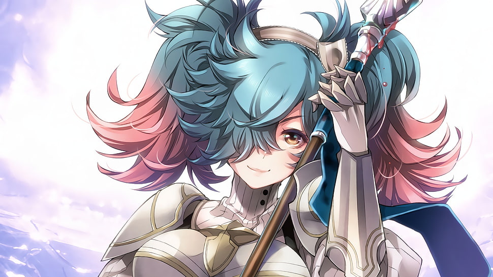 blue and red haired anime character, anime, Pieri (Fire Emblem), Fire Emblem, spear HD wallpaper