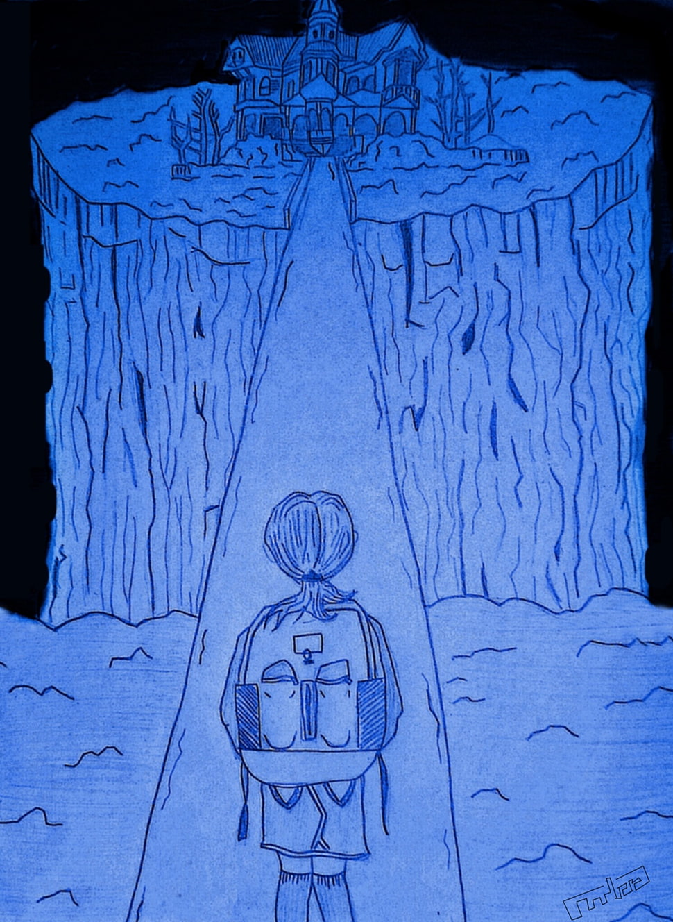 child walking toward house sketch, animation, blue HD wallpaper
