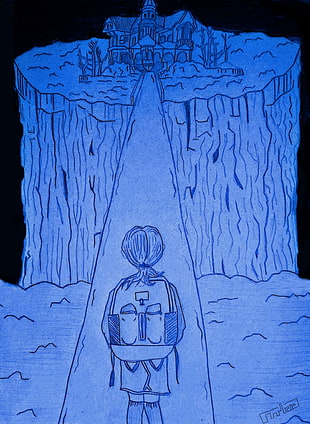 child walking toward house sketch, animation, blue
