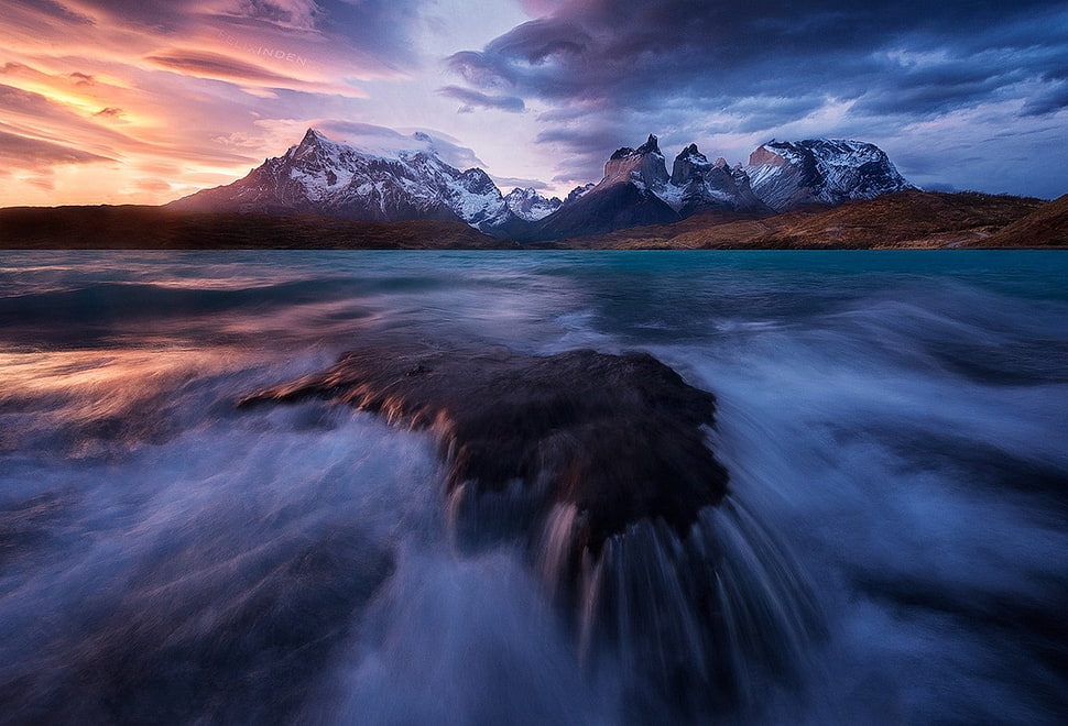 time lapse photography of waterfalls near mountain range, sunset, mountains, Torres del Paine, lake HD wallpaper